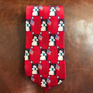 Hallmark Holiday Traditions Men's Silk Tie Snowman American Flag Patriotic Red